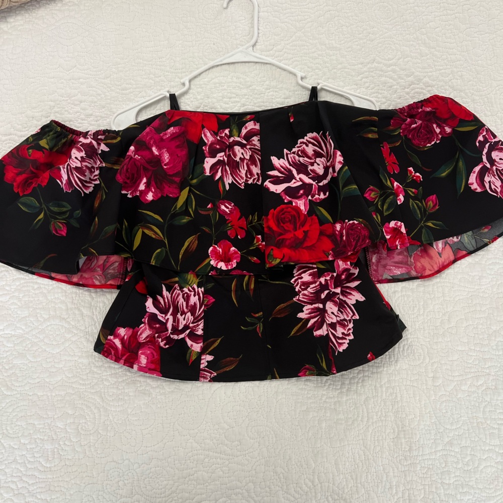 Floral Off-Shoulder Blouse - Black and Red